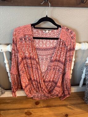 Promesa Coral Pink Boho Wrap Blouse with Crochet Yoke